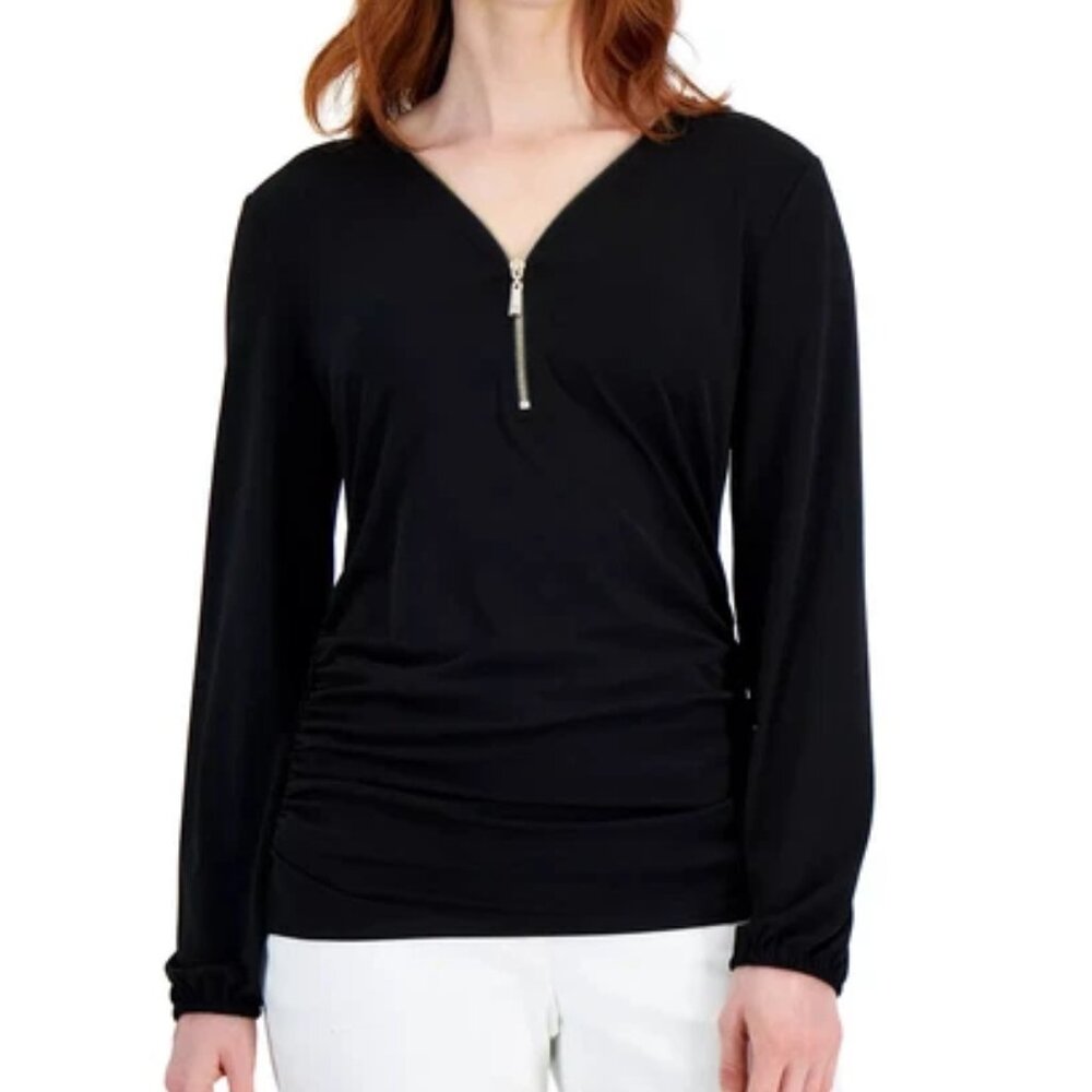 JM Collection Black Zip Tunic Top XL – Ruched Sides, Stretch Knit, Quiet Luxury